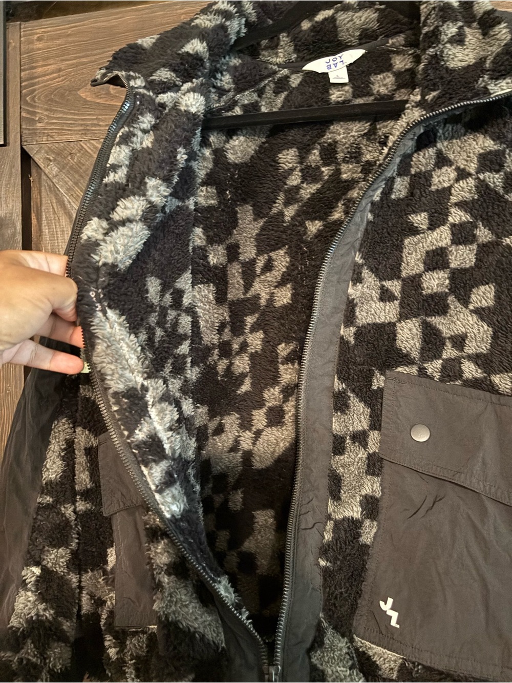 JoyLab Black & Gray Geometric Sherpa Puffer Jacket - Picture 3 of 3